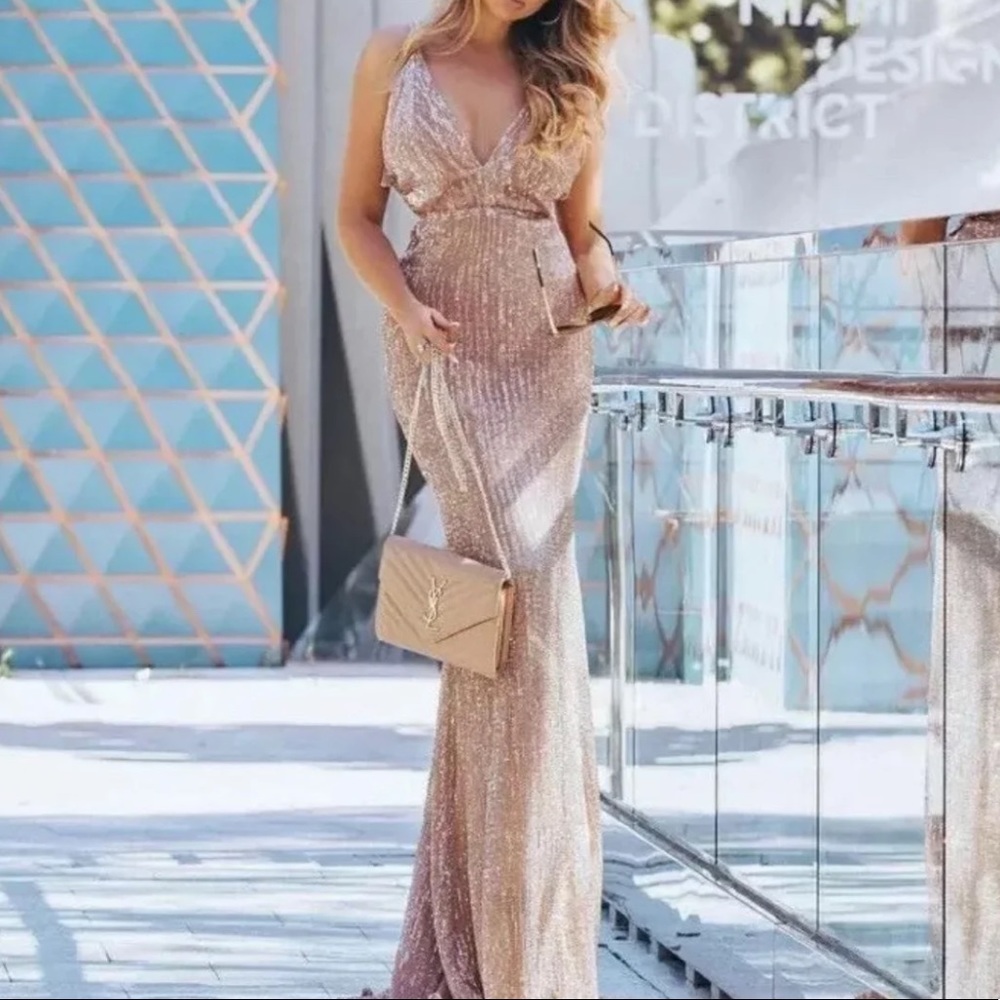 KEY COUTURE Rose Gold Sequin Maxi Dress Size Small